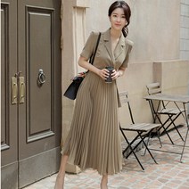 여름 정장칼라 허리 플리츠 프릴 플레어스커트 직장용 원피스