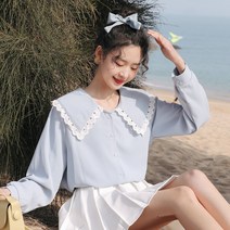 여성블라우스남방 학원 무드 러플 플랫카라 쉬폰 셔츠 2022 봄계절 블루 벌룬소매 상의 4804626621