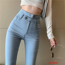 봄과 가을 감각 더블 버튼 작은 발 청바지 여성 높은 허리 조커 슬림 긴 다리 연필 바지