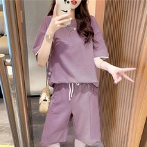 캐주얼 스포츠 정장 여성 루즈한 반팔 5부 바지 투피스 젊은층 평상복 트레이닝복 세트