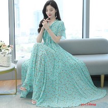 여름 간단한 인기있는 꽃 스커트 큰 슬림 슬림 짧은 소매 드레스 레트로 큰