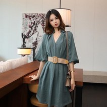 FANSYLI 여자 면 마 원피스 여름 조임 반팔 미디 원피스 3A17