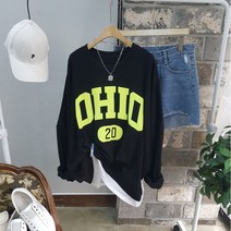 상상그이상 여성용 국내제작 간절기 오하이오 레이어드 맨투맨 발포 레터링 빅사이즈 오버핏 코디걱정없는 페이크 티셔츠