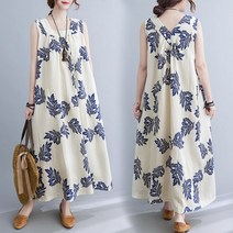 코카마니 여성 브이넥 스퀘어넥 민소매 플레어 나뭇잎 꽃무늬 예쁜 나시 롱 원피스