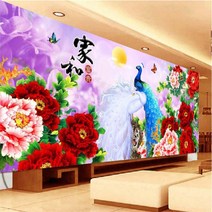 복들어오는 모란꽃 공작새 대형 보석십자수 목단화 풍경 DIY 취미 키트 큐빅 비즈 개업식 선물, 220x90cm