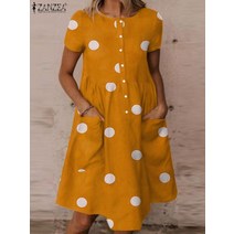 린넨 원피스 마 빅사이즈 롱 리넨 ZANZEA 여성용 도트 프린트 드레스 보헤미안 캐주얼 루즈 파티 비치 선드레스 반팔 O-넥 카프탄 여름