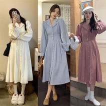 ANYOU 봄 가을 여성 원피스 브이넥 심플 긴팔 롱원피스 코르덴 루즈핏 스커트