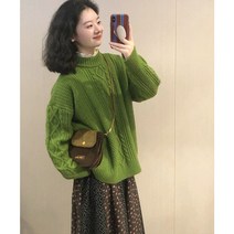 연두색니트 여성 목폴라 신축성 용 니트티셔츠 캐주얼