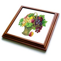 3dRose Tall Basket of Fruits with Grapes Peaches Apples and Grape Leaves Trivet with Ceramic Tile, 1