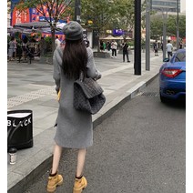 후드 니트 롱 원피스 골지 세로 스트라이프 레터링 긴팔