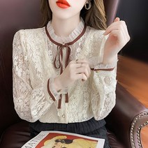 여성 봄 간절기 스트링 리본 프필 레이스 블라우스