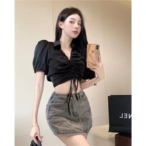 [데이트끝장나!]가슴셔링스트링크롭카라반팔셔츠블라우스