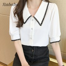 나바바 NB755 여성 빈티지 카라 반팔 블라우스