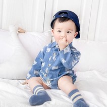 데님 50일아기옷 바디슈트 긴팔 곰돌이포인트 오버핏 순면 조카선물
