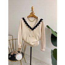 허니제이 / 페블로 배색 웨이브 카라 더블버튼 가디건(3color)
