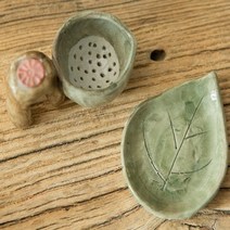 피어몰 이천도자기 나뭇잎모양 차거름망 받침대 세트 걸름망 도자기 다도구 다기 주기