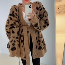 호피가디건 여성 가을 봄 브이넥 표범 넥타이 루즈핏 부드러운 밀랍 니트 스웨터 카디건 자켓