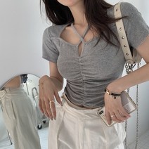 홀터넥 셔링 반팔 티셔츠 A36780