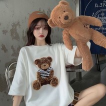 핫템굿템 여성 오버핏 귀여운 곰돌이 캐릭터 반팔 티셔츠