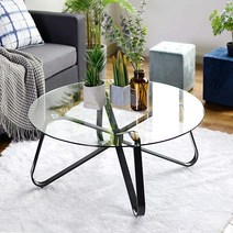 FurnitureR 원형 강화 유리 커피 테이블 D89.9cm(31.5인치) 센터 티 소파 테이블 거실 홈 오피스 스칸디나비아 디자인 금속 스틸 프레임 쉬운 조립