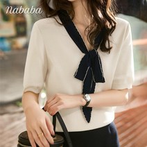 나바바 NK492 여성 리본넥 배색 반팔 니트
