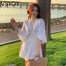 vsyoy 여성을위한 독특하고 높은 감각 슬림 핏 스키니 프렌치 화이트 V-넥 니트 드레스