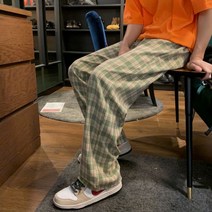 로우라이즈 팬츠 로라이즈 바지 y2k 부츠컷 팬츠에 하이 데일리 그린 체크 여 키 와이드 여름