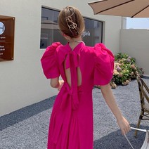 Makone여성 캐주얼 핫핑크 퍼프 슬리브 롱 원피스 드레스