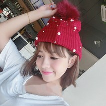 엔템 진주 폼폼이 니트 비니 밍크 퍼 방울 모자