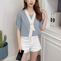 진주타이블라우스 여성블라우스 모던 하객룩 정장 셔츠 노카라 소매 러블리 여자 데이트 봄 가을 여름블라우스 가을신상셔츠 가을블라우스