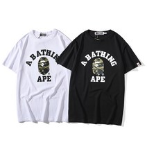 BAPE 조수 브랜드 티셔츠 녹색 위장 원숭이 머리 색상 문자 패턴 인쇄 라운드 넥 풀오버 남성과 여성 느슨한 반팔