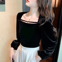 추동 기질 벨벳 블라우스 여 긴팔 날씬해 보이는 상의 여