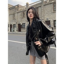 가죽 여성 자켓 레더 간절기 여자 크롭 오버핏 지컷 에코레더 블랙 가을 라이더