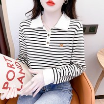 스트라이프 긴팔 티셔츠 여성 가을 순면 터틀넥 상의 레깅스