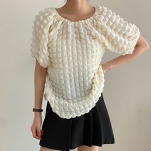 그레이스153 [오늘출발] 셔링 블라우스 오프숄더 라운드 퍼프소매 벌룬 정장 블랙 크림 루즈핏