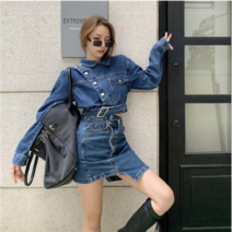 레트로 락시크 청 데님자켓 언발 스커트 캐주얼 투피스 코디 세트 데일리룩