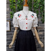 퐁당 / (무료배송) 체리자수 빅카라 레드 단추 블라우스