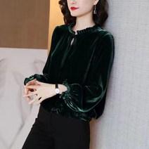 뒷리본 구김없는 레이스 겨울 하이넥 벨벳 여성블라우스 루즈핏 레드 홀터넥 특이한 하객룩