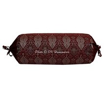 DK Homewares Indian Jacquard Brocade Silk Bolster Throw Pillows for Couch Damask Maroon Yoga Masand, 1