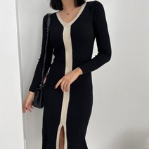 블링앤수 여성 브이넥 앞트임 배색 니트 롱 원피스 KZZ826
