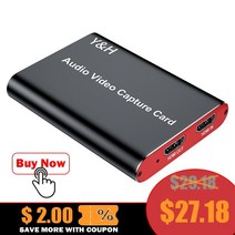[해외]YH 4K 비디오 캡처 카드 1080P 60fps 기록 HDMI 호환 USB3.0 오디오 비디오 캡처 라이브 스트리밍 장치 플러그 앤 플레이, USB 3.0 캡처 카드