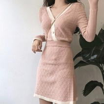 [레티고] 배색 라인 가디건 니트 투피스 세트