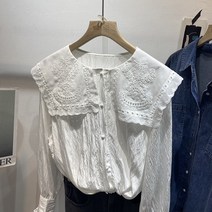 빅카라 블라우스 둥근카라블라우스 브이넥 셔츠 프랑스 업 자수 인형 칼라 여성용 시폰 네이비 레트로 대형 탑