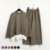 SKY패션 기모 샤베트 레이어드 트레이닝세트 여성 트레이닝복 세트 와이드 밴딩 팬츠 루즈핏 기모티셔츠 홈웨어 잠옷 원마일웨어