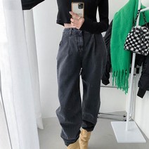 브이와이 여자 기모 핀턱 레트로 맘핏 워싱 와이드 배기 청바지