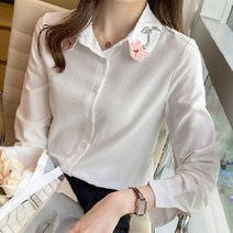 라오농 예쁜 셔츠여성 가을 봄 꽃 자수 카라 흰색 블라우스 셔츠 출근 +2b5d07LL