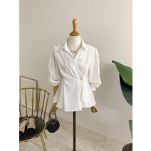 허니제이 / 틴실 랩 셔링 단추 소매퍼프 블라우스(3color)