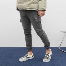 버튼 남성용 기모 스판 반밴딩 카고 조거팬츠