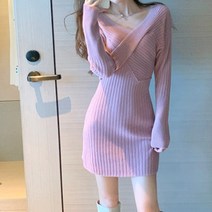 COSYEVNO 슬림 브이넥 기질 여성 니트 원피스