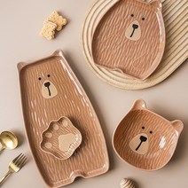 BLOWFISHFUGU 캐릭터 도자기 접시 홈식기 세트 도자기예쁜접시 4피스 캐릭터 접시 4P, 곰돌이